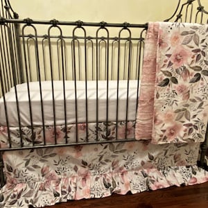 Baby Girl Floral Crib Bedding, Pink, Purple, Mauve, Dusty Rose Floral, Crib Rail Skirt, Personalized Blanket