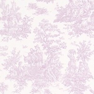 May include: A white background with a repeating pattern of lavender-colored floral designs. The design features a pastoral scene with trees, birds, and people.