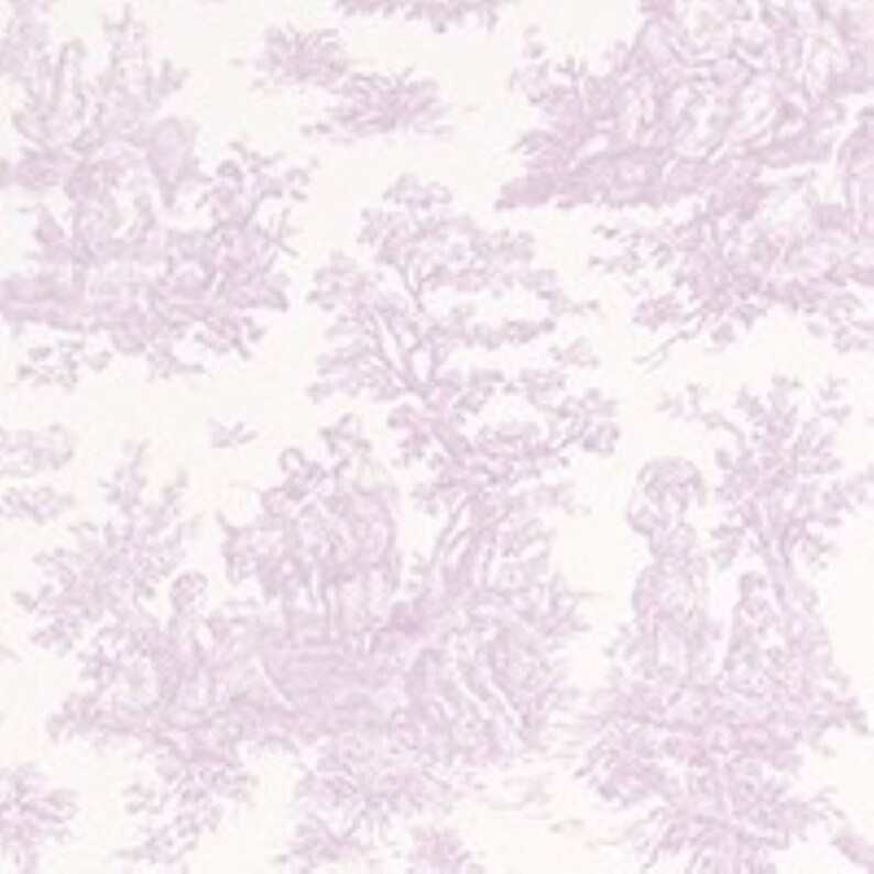 May include: A white background with a repeating pattern of lavender-colored floral designs. The design features a pastoral scene with trees, birds, and people.