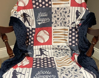 Baseball Baby Blanket: Navy Minky Crib Blanket, Little Slugger Print