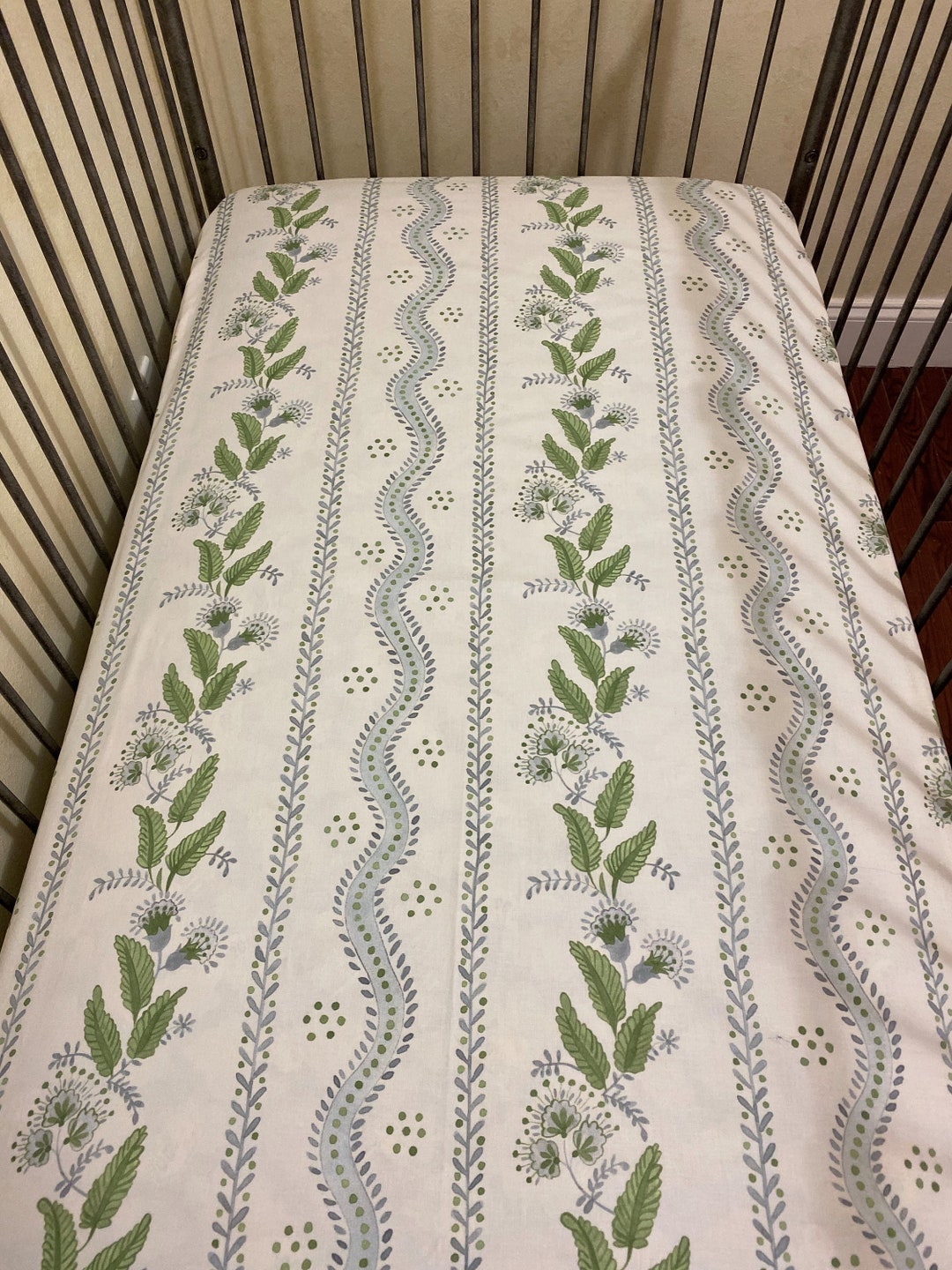 Cotton Crib Sheet, Stripes and Vines Designer Fabric, Blue, Green, Pink