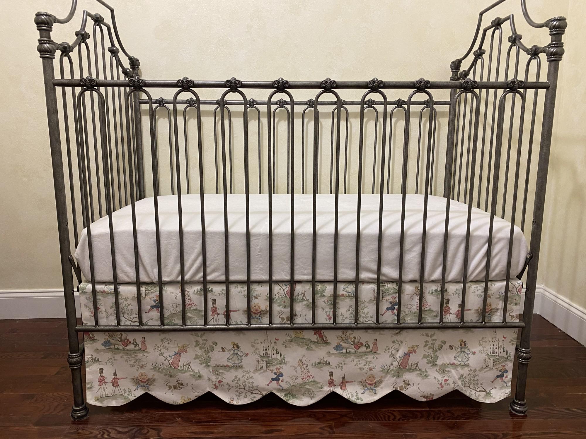 Nursery Rhyme Toile Baby Crib Bedding, Scalloped Crib Skirt, Baby Girl