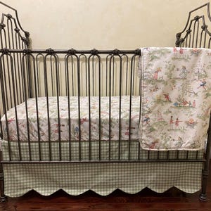 Sage Green Gingham with Nursery Rhyme Toile Baby Crib Bedding, Boy, Girl, Neutral Standard or Mini Crib Size, Choose Your Pieces image 2