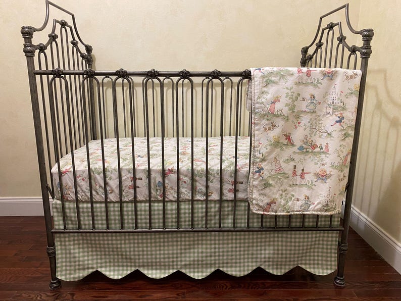 Sage Green Gingham with Nursery Rhyme Toile Baby Crib Bedding, Boy, Girl, Neutral Standard or Mini Crib Size, Choose Your Pieces image 2