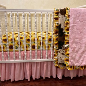 Baby Girl Crib Bedding, Sunflower Crib Bedding, Cow Minky Baby Bedding with Pink