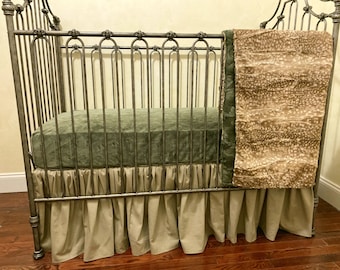 Woodland Deer Crib Bedding: Green Minky Sheet, Linen Skirt, Minky Blanket, Choose Your Pieces