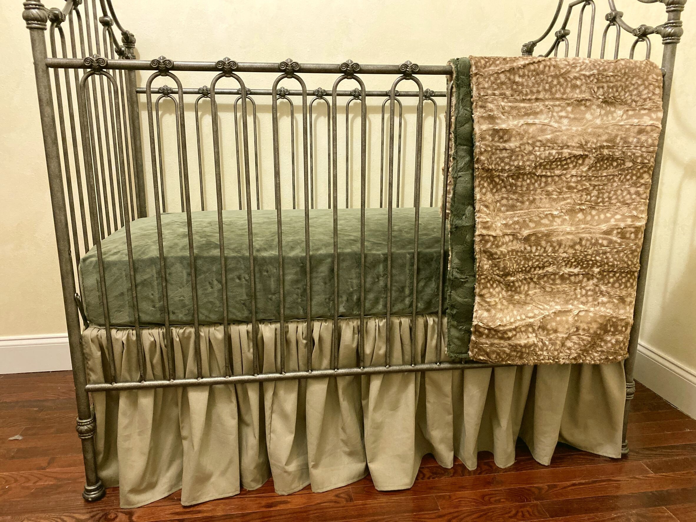Woodland Deer Crib Bedding: Green Minky Sheet, Linen Skirt, Minky Blanket, Choose Your Pieces