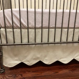 4 Colors - Custom Ticking Stripe Scallop Edge Crib Skirt, Baby Boy, Baby Girl, Neutral Crib Skirt, Mini Crib Skirt