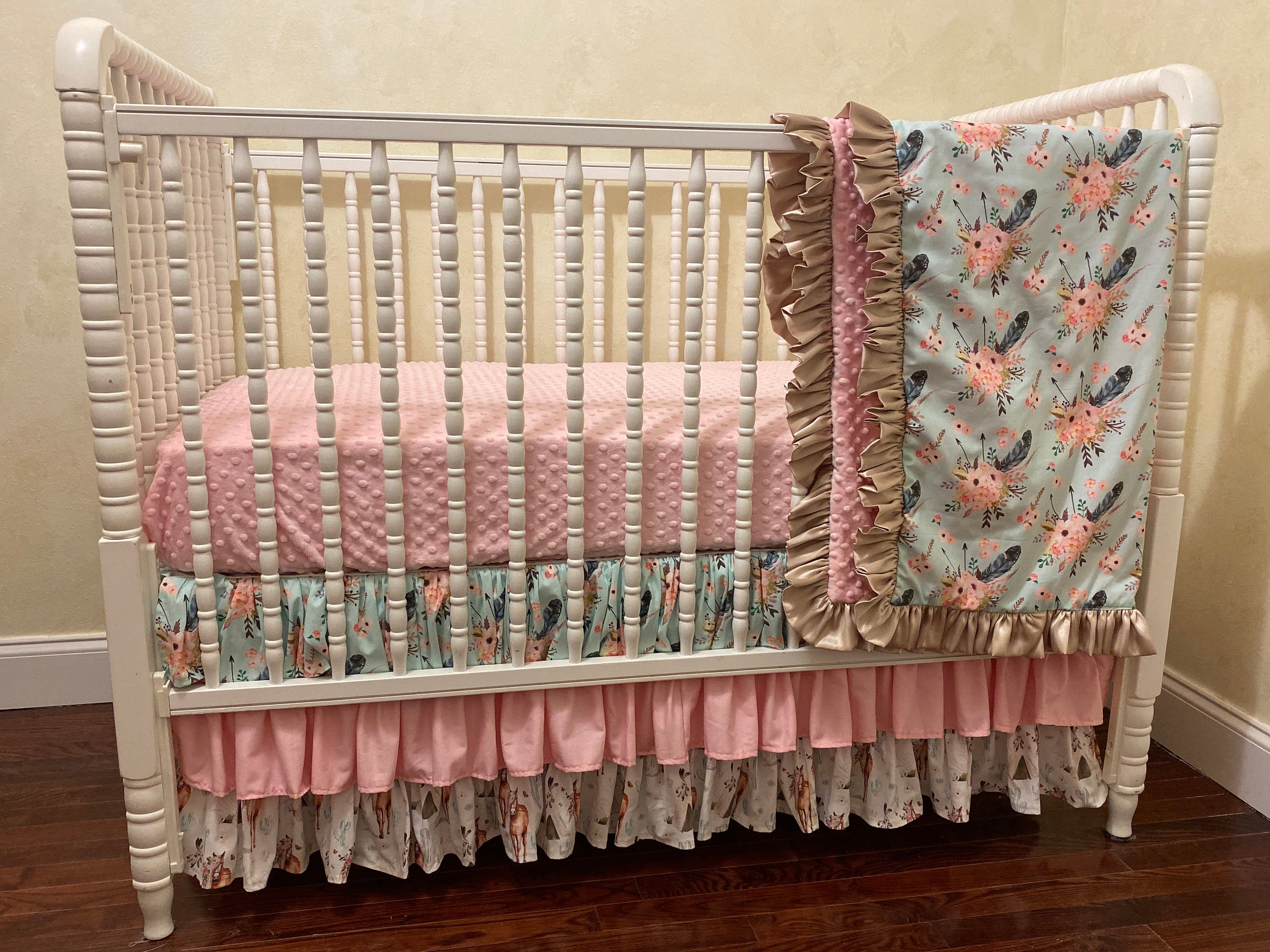 Baby Girl Boho Floral Horse Crib Bedding Pink and Taupe Baby Etsy