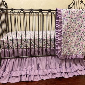 Lavender, Purple, Floral Girl Crib Bedding, Ruffled Skirt, Floral Crib Sheet, Floral Baby Blanket
