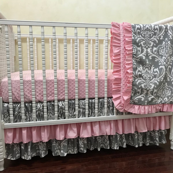 Girl Baby Bedding, Girl Crib Bedding, Gray Damask, Light Pink Crib Bedding, Ruffle Crib Skirt