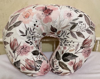 Nursing Pillow Cover, Baby Girl Dusty Rose Floral, Rose Fawn Minky Nursing Pillow Cover