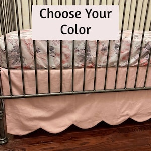 Custom Scallop Edge Linen Blend Crib Skirt, Baby Boy, Baby Girl, Gender Neutral Crib Skirt, Optional Crib Bows, Choose Your Color