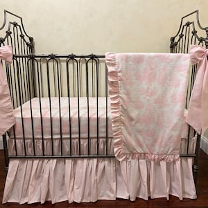 Pink Toile with Pale Pink Baby Girl Crib Bedding Set, Crib Skirt, Blanket, Crib Bows