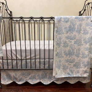 Blue Toile Crib Bedding Set, Baby Boy, Baby Girl Bedding Set, Scallop Crib Skirt, Mini Crib Bedding