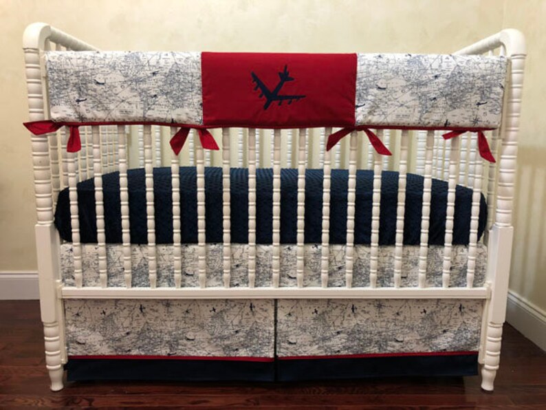 Airplane Crib Bedding Set Boy Baby Navy And Ruby Image 0