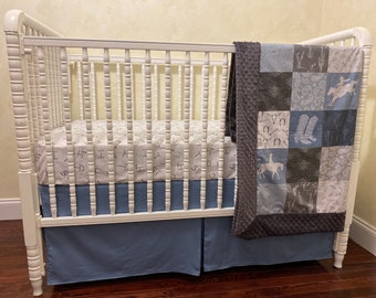 Baby Boy Cowboy Crib Bedding, Western Baby Bedding, Denim Blue, Gray, Baby Blanket