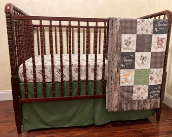 Baby Boy Green and Brown Woodland Animals Crib Bedding, Standard or Mini Crib