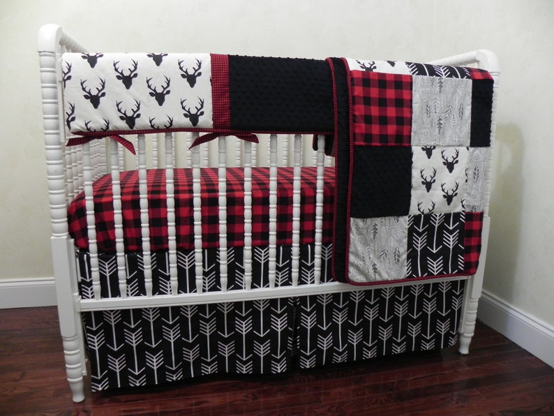 Baby Boy Woodland Crib Bedding Set Adrian Deer Red Buffalo Check Plaid Black Arrows Rail Cover