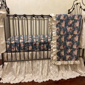 Baby Girl Crib Bedding, Vintage Floral Crib Bedding,Blue Green, Lace Crib Skirt, Floral Nursery Bedding