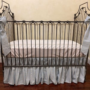 Blue Gingham Baby Boy Crib Bedding Set, Blue Gingham Crib Skirt, Crib Bows, Minky Blanket