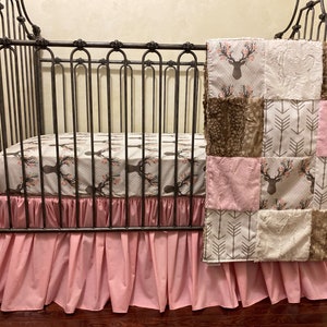 Baby Girl Floral Deer Crib Bedding, Floral Deer Crib Sheet, Patchwork Blanket, Pink Girl Baby Bedding