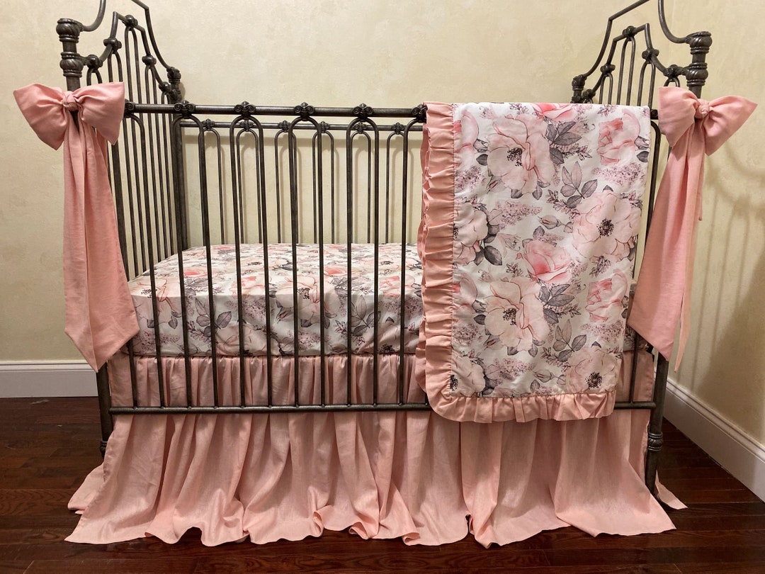 Baby Girl Crib Bedding, Blush Rose Crib Sheet, Personalized Baby Blanket, Blush Pink Linen Crib