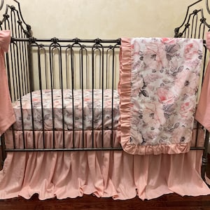 Baby Girl Crib Bedding, Blush Rose Crib Sheet, Personalized Baby Blanket, Blush Pink Linen Crib Skirt