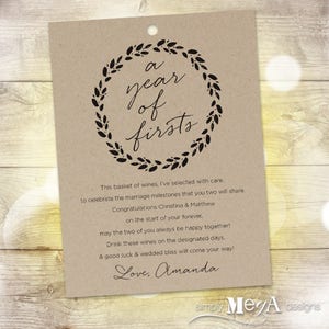 Marriage Milestone Wine Basket Main Tag — A Year of Firsts Card — Customizable — Illustrations Wine Tags — Wreath — 4.5"x6" — Printable File