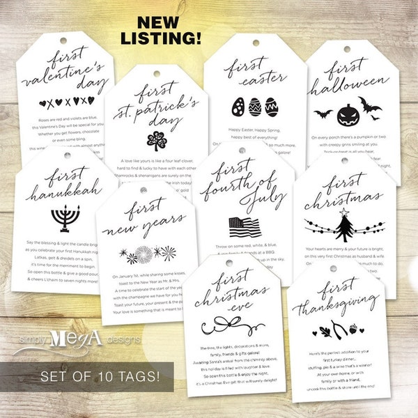 Holiday Marriage Milestone Wine Tags — Set of 10 — Bridal Shower Gift / Wedding — Firsts Poems — Illustrations — 3.5"x5" — INSTANT DOWNLOAD