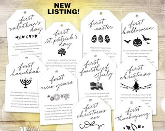 Holiday Marriage Milestone Wine Tags — Set of 10 — Bridal Shower Gift / Wedding — Firsts Poems — Illustrations — 3.5"x5" — INSTANT DOWNLOAD