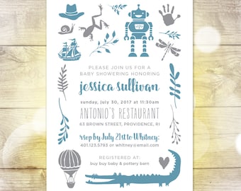 Whimsical Baby Shower Invitation — Baby Boy Shower Invitation — Modern Baby Shower Invitation — Boy Illustrations — 5"x7" — Printable File