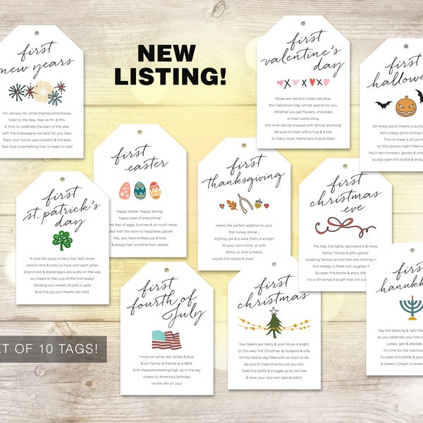 Holiday Marriage Milestone Wine Tags — Set of 10, Colored Illustrations, Bridal Shower/Wedding Gift, First Poems, 3.5"x5", INSTANT DOWNLOAD