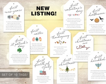 Holiday Marriage Milestone Wine Tags — Set of 10, Colored Illustrations, Bridal Shower/Wedding Gift, First Poems, 3.5"x5", INSTANT DOWNLOAD