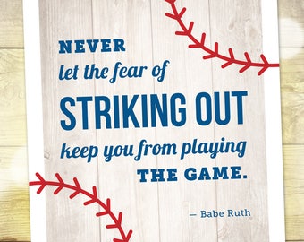 Printable Baseball Art, Babe Ruth Quote, Fear of Striking Out, Baseball Fan Gift, Father&#39;s Day Gift, Boys Decor, 8&quot;x10&quot;, INSTANT DOWNLOAD!