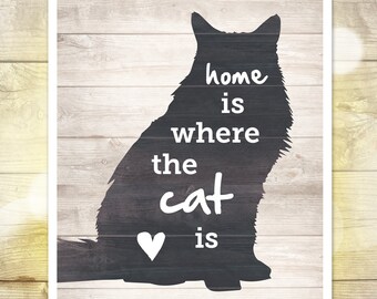 Home is Where the Cat is — Cat Silhouette Print — Cat Wall Art — Housewarming Gift for Cat Lover — 8"x10" — INSTANT DOWNLOAD