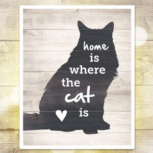 May include: A black cat silhouette on a woodgrain background with the text "home is where the cat is" and a heart.