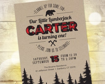 Lumberjack First Birthday Party Invitation — Buffalo Check — Customizable — 5"x7" — Printable File