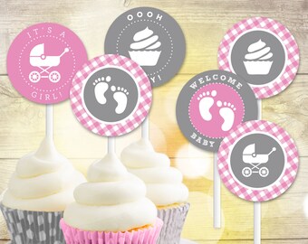 Baby Girl Shower Cupcake Toppers — Pink Gingham — It's A Girl — Baby Shower Decor — BBQ Shower Toppers — 2" Circle Labels — INSTANT DOWNLOAD