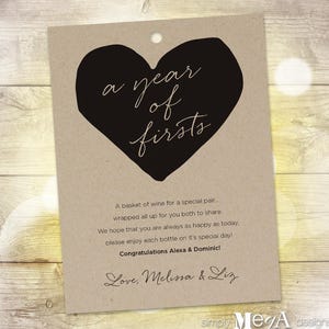 Marriage Milestone Wine Basket Main Tag A Year of Firsts Card Customizable Illustrations Wine Tags Heart 4.5x6 Printable File image 1