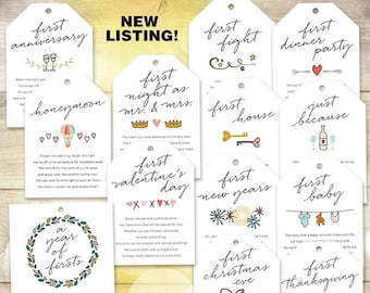 Instant Download Marriage Milestone Wine Basket Tags — Set of 12, Colored Illustrations, Bridal Shower Gift, Wedding Gift, A Year of Firsts