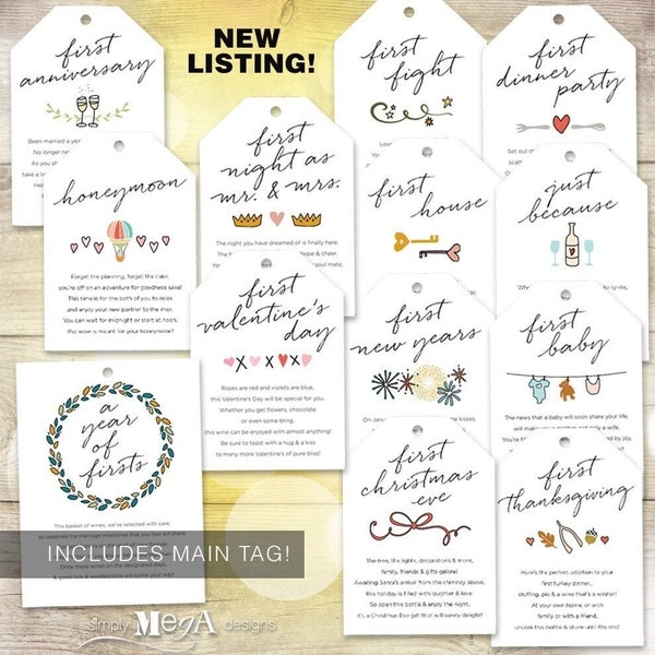 Instant Download Marriage Milestone Wine Basket Tags — Set of 12, Colored Illustrations, Bridal Shower Gift, Wedding Gift, A Year of Firsts