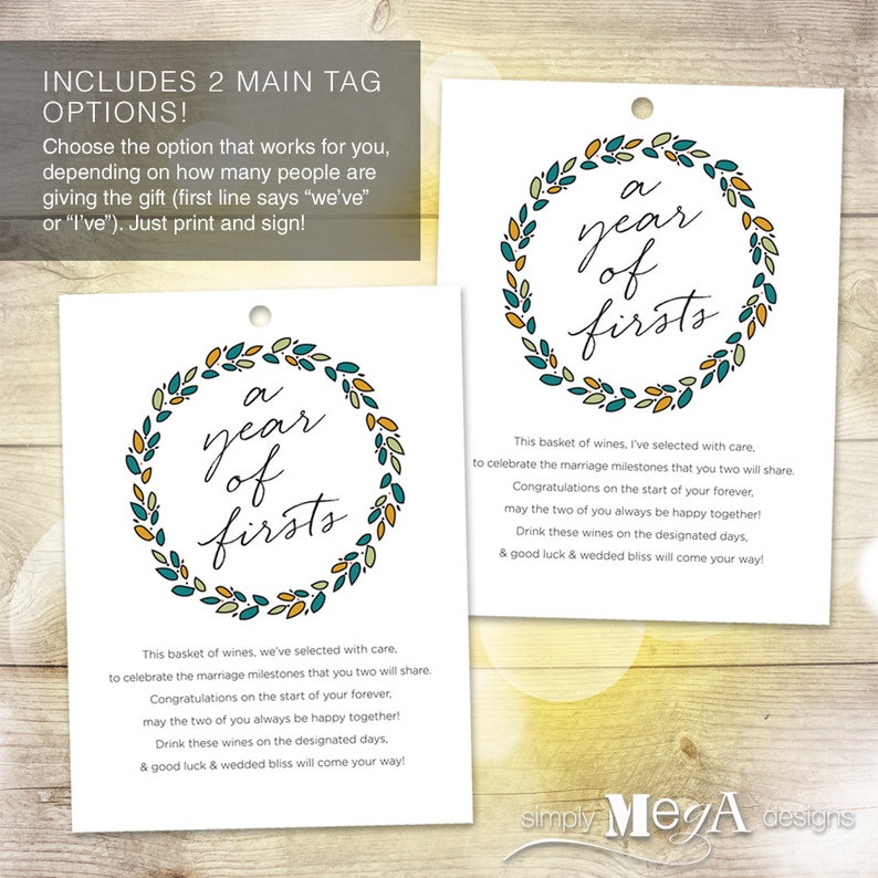 May include: A printable gift tag with a wreath design and the text "a year of firsts". The tag includes a message about celebrating a couple's first year of marriage with a basket of wine.