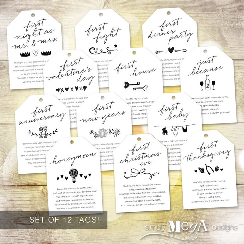 Marriage Milestone Wine Basket Tags Set of 12 Bridal Shower Gift / Wedding Firsts Poems Illustrations 3.5x5 INSTANT DOWNLOAD image 2