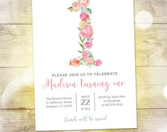 Floral First Birthday Party Invitation — Watercolor Flowers — Spring 1st Birthday Invitation — Customizable — 5"x7" — Printable File