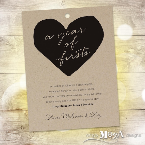Marriage Milestone Wine Basket Main Tag — A Year of Firsts Card — Customizable — Illustrations Wine Tags — Heart — 4.5"x6" — Printable File