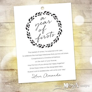 Marriage Milestone Wine Basket Main Tag A Year of Firsts Card Customizable Illustrations Wine Tags Wreath 4.5x6 Printable File image 2