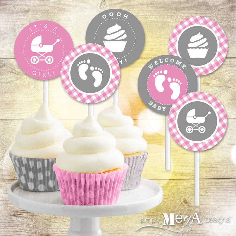 Baby Girl Shower Cupcake Toppers Pink Gingham It's A Etsy