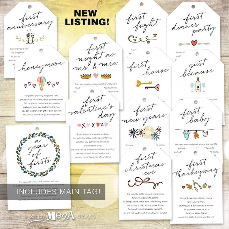 Instant Download Marriage Milestone Wine Basket Tags Set of 12, Colored Illustrations, Bridal Shower Gift, Wedding Gift, A Year of Firsts image 1