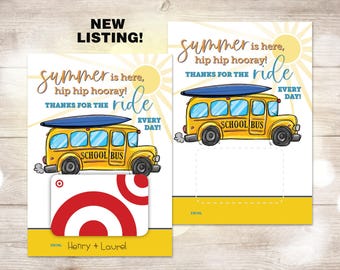 Instant Download School Bus Driver End of Year Gift Card Holder, Bus Driver Summer Thank You Card, School Staff Appreciation Gift, Printable